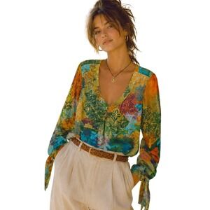 Vintage 90s Whimsy Mediterranean Summer Colorful Airy Floral 100% Silk Blouse
